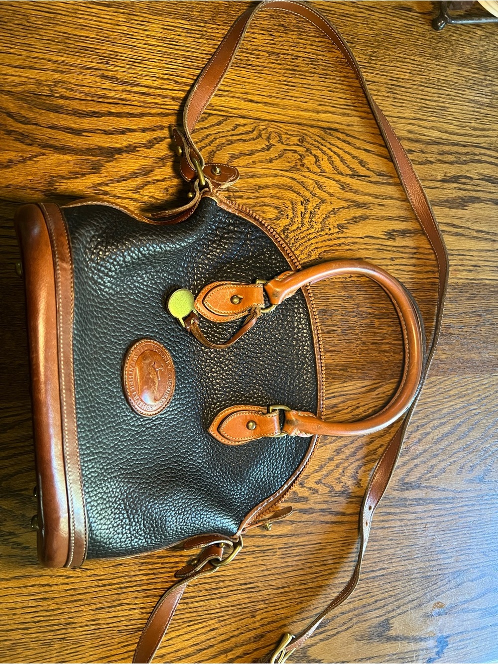 Dooney & Bourke Black Pebbled Leather Satchel with Tan Trim